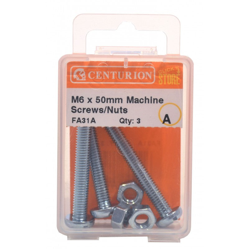 M6 X 50Mm Zp Machine Screws & Nuts (Pack Of 3)