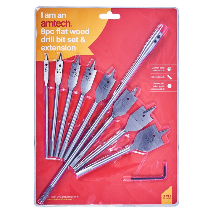 8Pc Flat Wood Bit Set + 12'' Ext