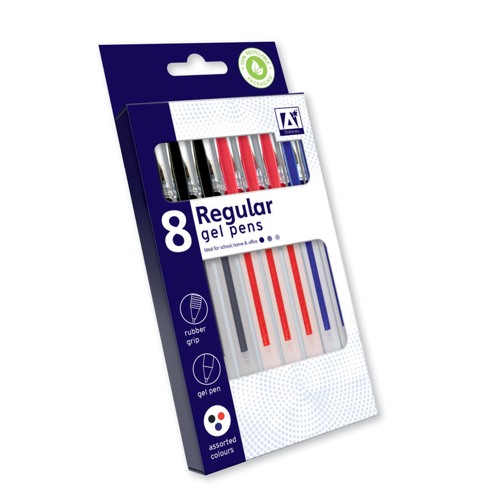 8 Regular Gel Pens (Black, Blue & Red)