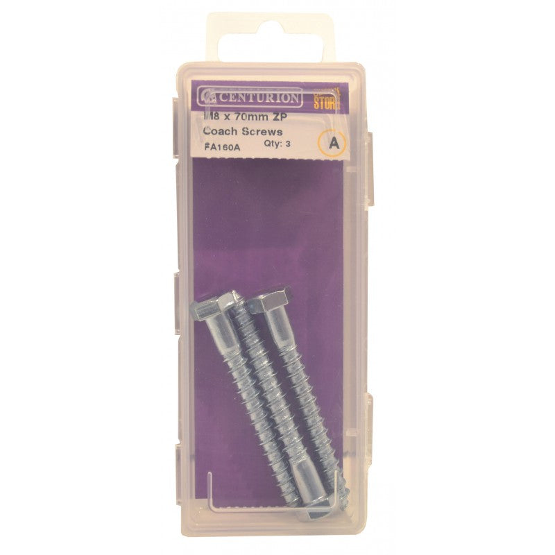 M8 X 70Mm Zp Coach Screws (Pack Of 3)